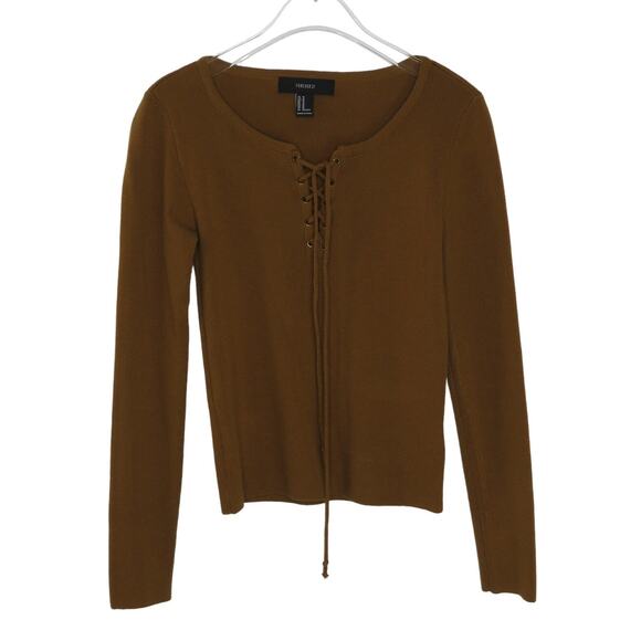 Forever 21 Ribbed Knit Lace Up Sweater Mustard Brown - Picture 6 of 8
